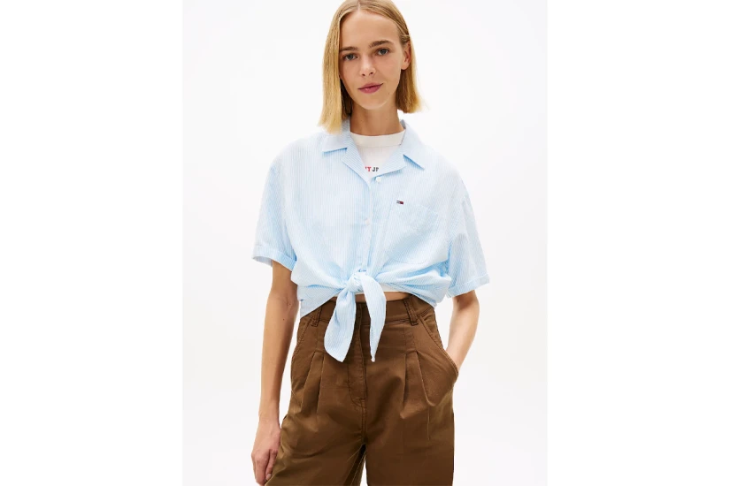 Tommy Jeans Linen Blend Tie Front Γυναικείο Κοντομάνικο Πουκάμισο Γαλάζιο, Λευκό