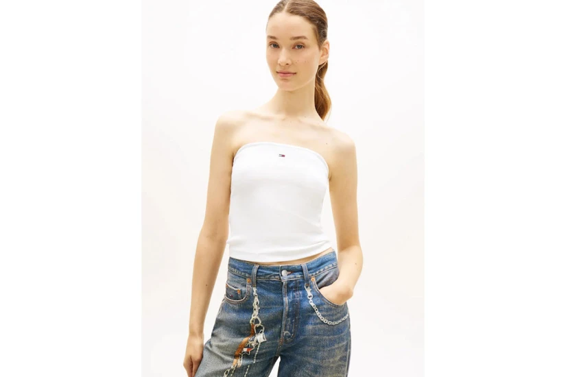 Tommy Jeans Slim Bandeau Rib Γυναικείο Αμάνικο Top Εκρού