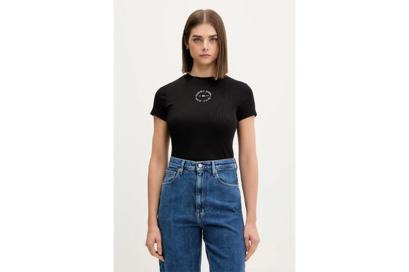 Tommy Jeans Slim Essential Logo Rib Γυναικείο Κοντομάνικο T-Shirt Μαύρο