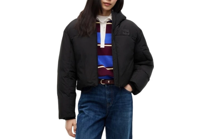 Tommy Jeans Hooded Flag Γυναικείο Μπουφάν Puffer με Κουκούλα Μαύρο