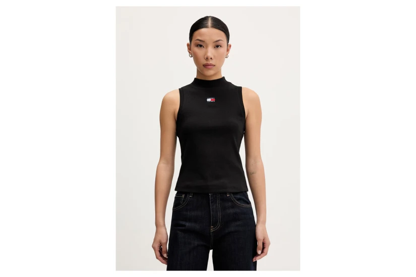Tommy Jeans Slim Fit Badge Rib Γυναικεία Αμάνικη Μπλούζα Μαύρη