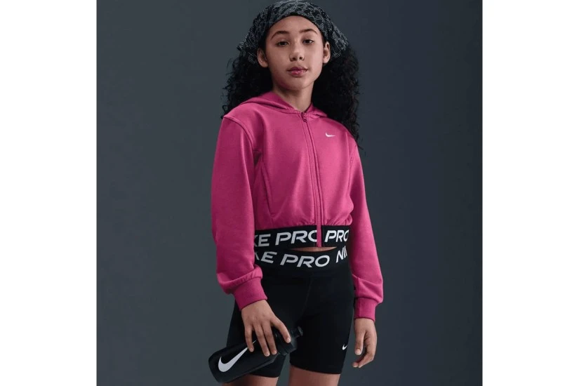 Nike Pro Fleece Dri-FIT Παιδική Cropped Ζακέτα με Κουκούλα Ροζ, Μαύρη