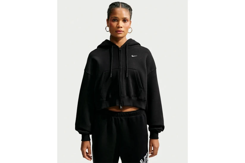 Nike Studio Fleece Oversized Cropped Γυναικεία Βαμβακερή Ζακέτα με Κουκούλα Μαύρη