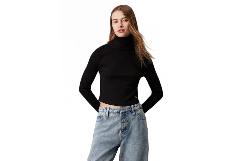 Calvin Klein Γυναικεία Cropped Μπλούζα με Ζιβάγκο Μαύρο