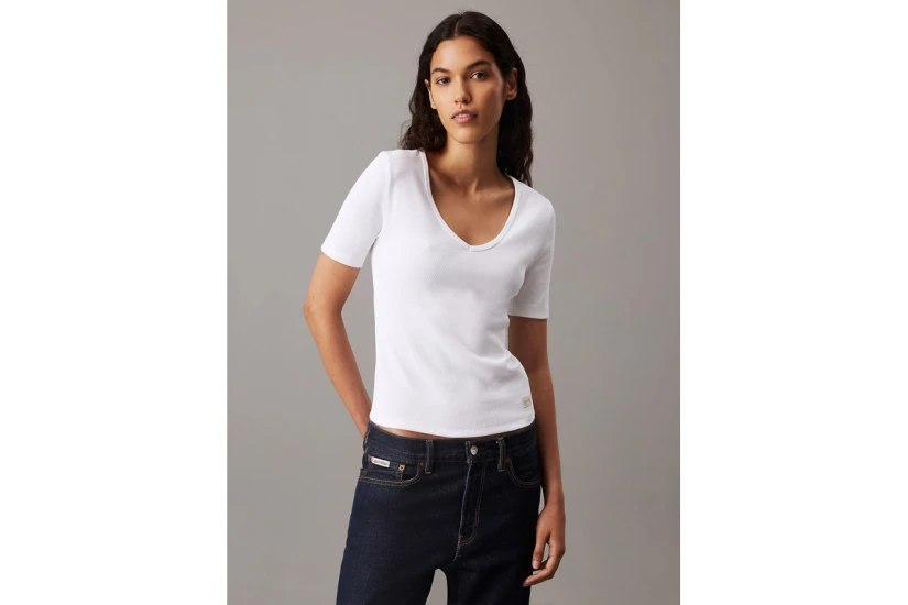 Calvin Klein Slim Ribbed V-Neck Γυναικείο Κοντομάνικο T-Shirt
