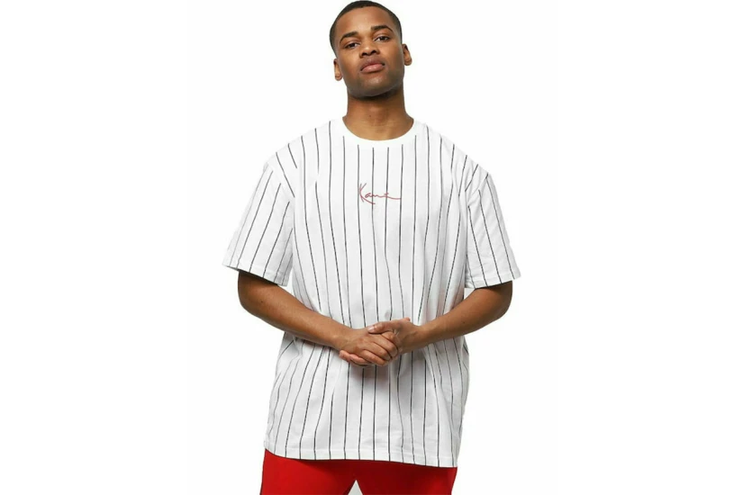 Karl Kani Small Signature Pinstripe Mesh Ανδρικό Κοντομάνικο T-Shirt Λευκό, Μαύρο