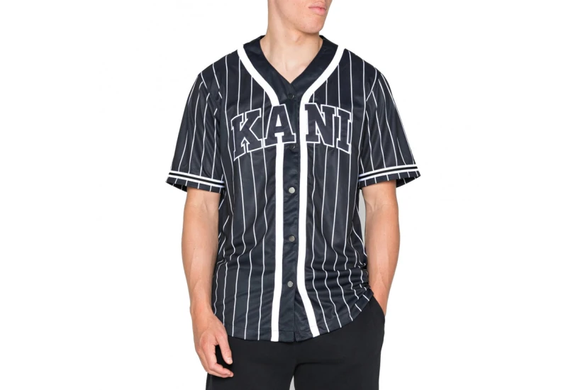 Karl Kani Serif Pinstripe Baseball Shirt Ανδρικό Κοντομάνικο Πουκάμισο Μαύρο, Λευκό