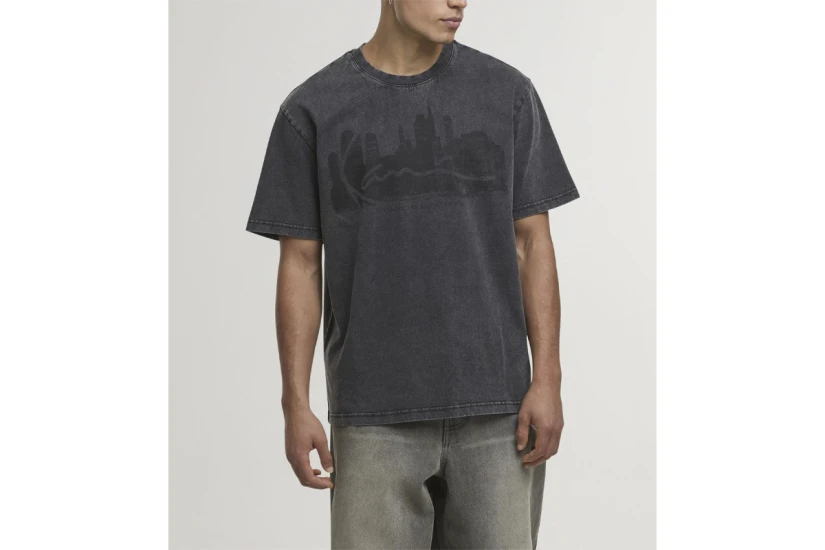 Karl Kani Signature Skyline Washed Boxy Print Ανδρικό Κοντομάνικο T-Shirt Ανθρακί