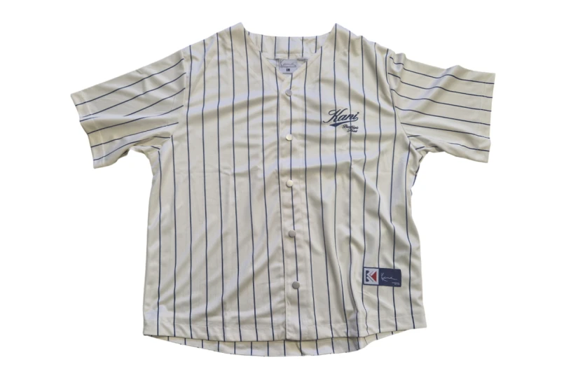 Karl Kani Cursive Varsity Pins Ανδρικό Κοντομάνικο Πουκάμισο Εκρού, Μπλε Σκούρο