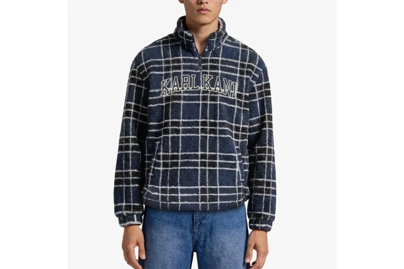 Karl Kani Victorian Check Teddy Troyer Ανδρική Μακρυμάνικη Μπλούζα Fleece με Φερμουάρ Μπλε Σκούρο, Λευκό