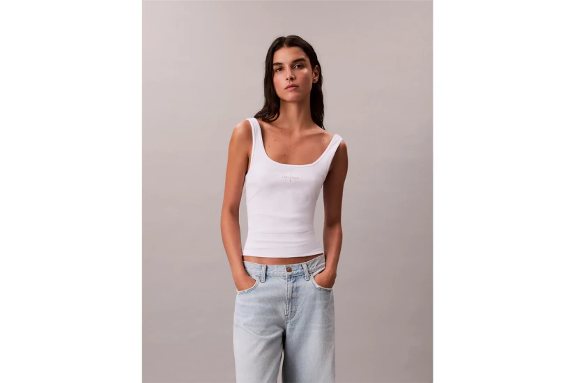 Calvin Klein Slim Ribbed Cotton Γυναικεία Αμάνικη Μπλούζα Λευκή