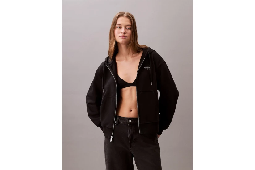Calvin Klein French Terry Γυναικεία Ζακέτα με Κουκούλα Μαύρη