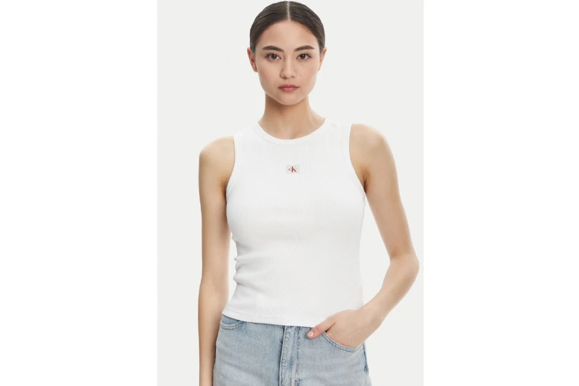 Calvin Klein Cotton Stretch Rib Γυναικεία Αμάνικη Μπλούζα Λευκή