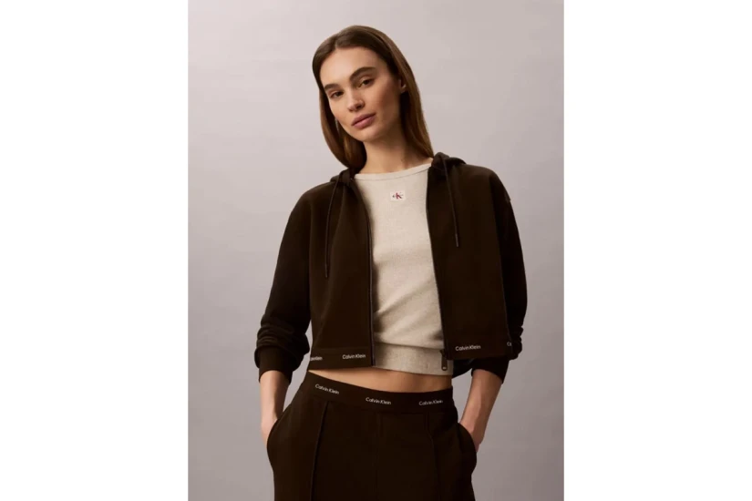 Calvin Klein Cropped Logo Γυναικεία Βαμβακερή Ζακέτα με Κουκούλα Καφέ