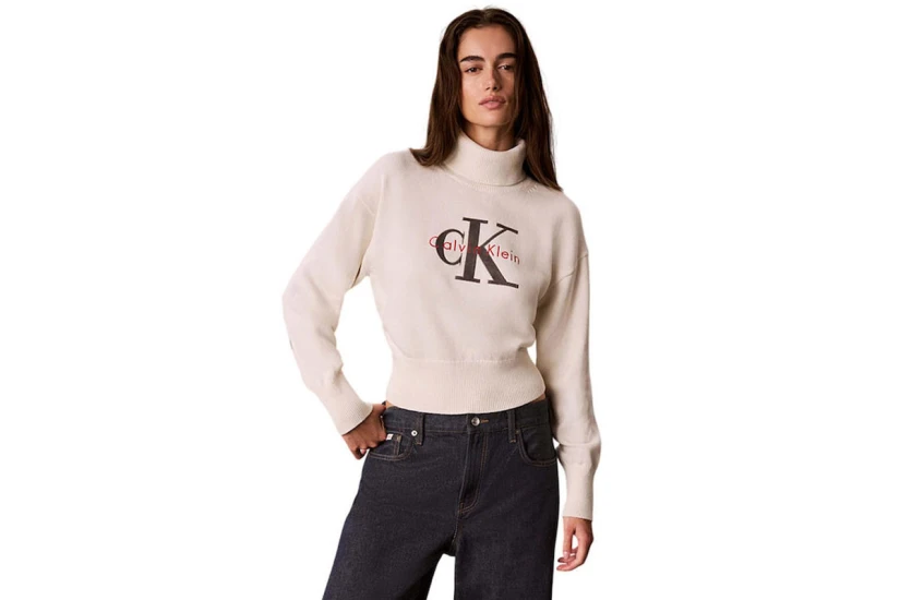 Calvin Klein Monologo Γυναικείο Πουλόβερ με Ψηλό Λαιμό Εκρού