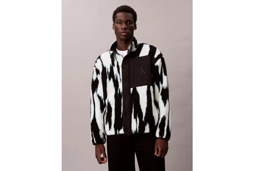 Calvin Klein Printed Relaxed Ανδρικό Μπουφάν Sherpa Μαύρο, Λευκό
