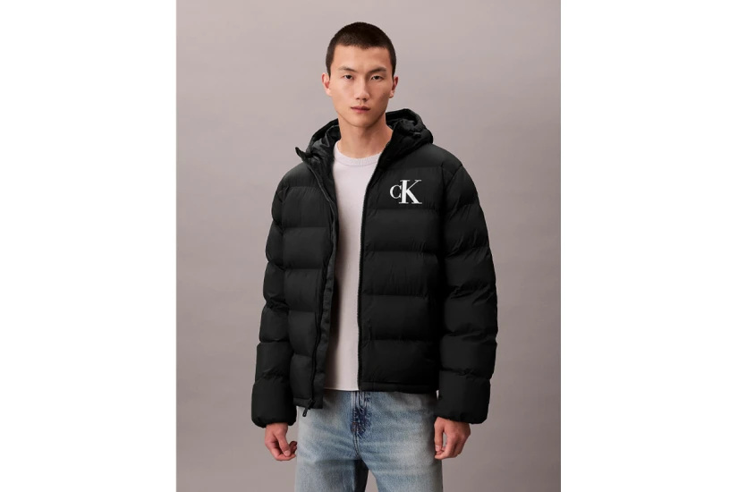 Calvin Klein Monogram Ανδρικό Μπουφάν Puffer με Κουκούλα Μαύρο