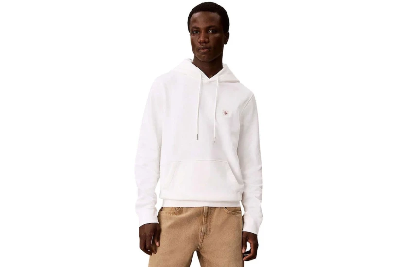 Calvin Klein French Terry Woven Label Ανδρικό Φούτερ με Κουκούλα Λευκό