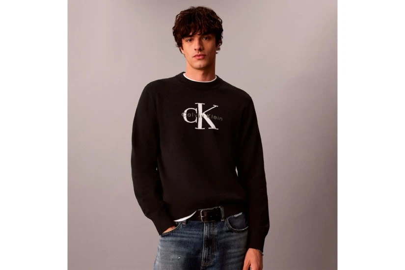 Calvin Klein Relaxed Cotton Monologo Graphic Ανδρικό Πουλόβερ Μαύρο, Εκρού