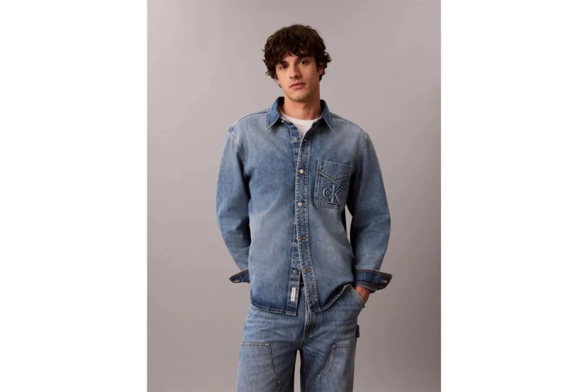 Calvin Klein Embossed Denim Ανδρικό Μακρυμάνικο Πουκάμισο Μπλε