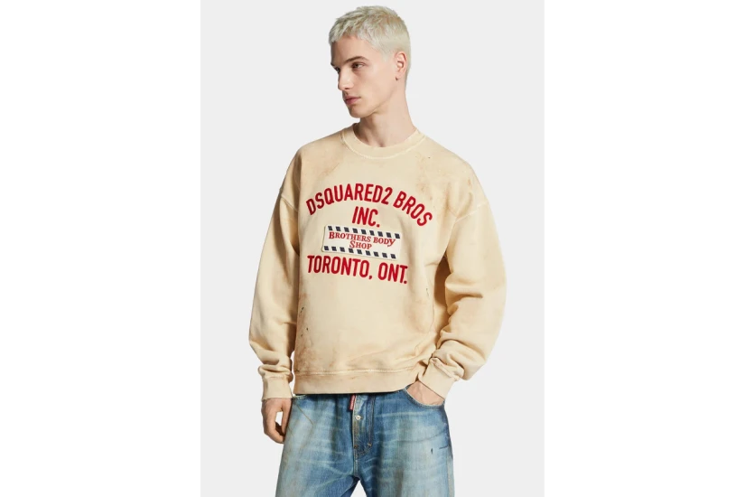 Dsquared2 Relax Fit Dirty Ανδρική Μακρυμάνικη Μπλούζα Εκρού