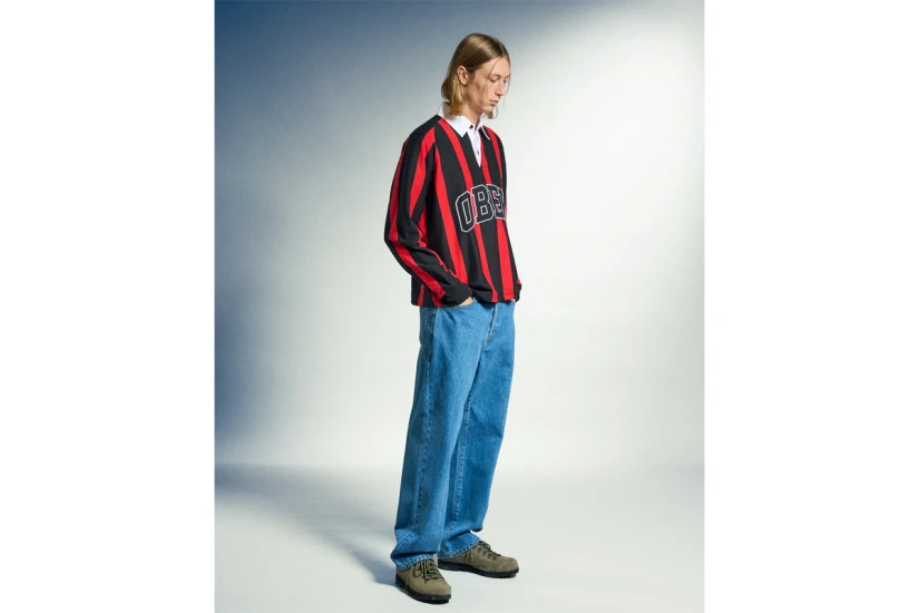 Obey Landon Stripe Ανδρική Μακρυμάνικη Μπλούζα Polo Μαύρη, Κόκκινη