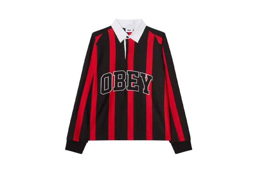 Obey Landon Stripe Ανδρική Μακρυμάνικη Μπλούζα Polo Μαύρη, Κόκκινη