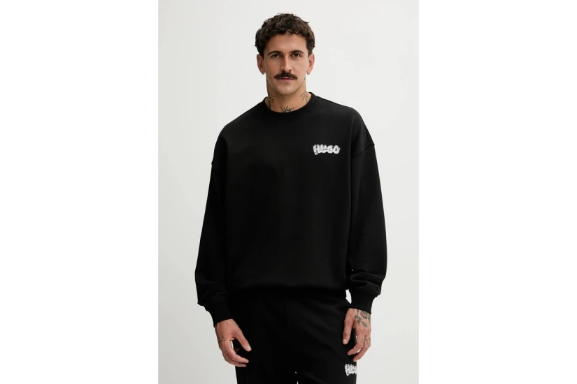 Hugo Nyrocrew With Logo Prints Ανδρική Μακρυμάνικη Μπλούζα Μαύρη