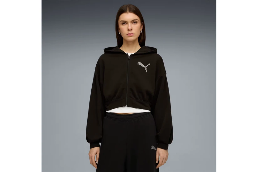 Puma Ess Graphic Bedazzled Γυναικεία Ζακέτα με Κουκούλα Μαύρη