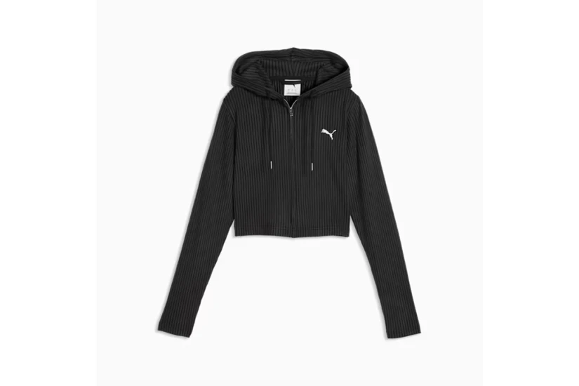 Puma Essentials Ribbed Γυναικεία Πολυεστερική Ζακέτα με Κουκούλα Μαύρη