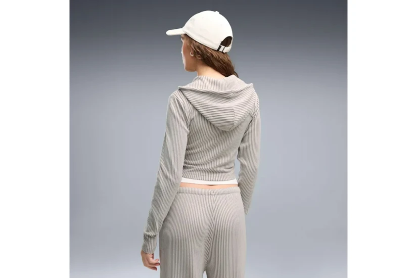 Puma Essentials Ribbed Γυναικεία Πολυεστερική Ζακέτα με Κουκούλα Γκρι