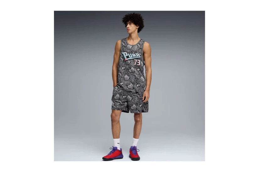 Puma Flag Foul All Over Print 15cm Ανδρική Μπασκετική Βερμούδα Γκρι Σκούρο, Μαύρη