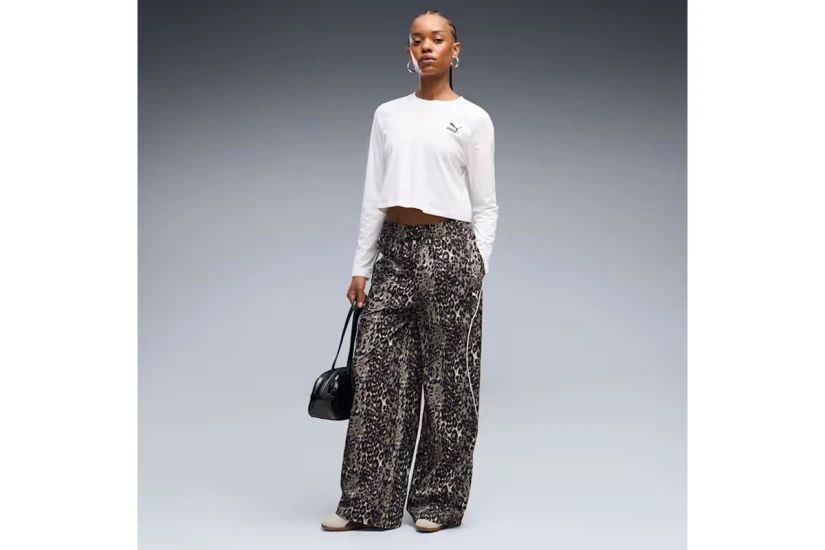 Puma Sport Animal Printed Wide Leg Γυναικείο Παντελόνι Φόρμας Καφέ, Μαύρο, Εκρού