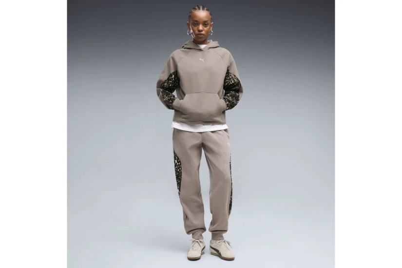 Puma Sport Animal Fleece Γυναικείο Φούτερ με Κουκούλα Καφέ, Μαύρο, Εκρού