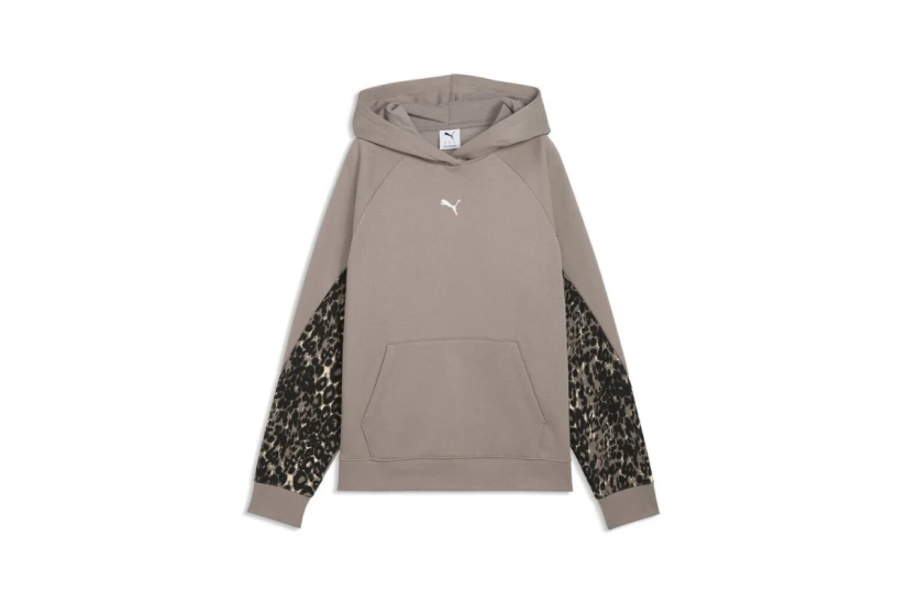 Puma Sport Animal Fleece Γυναικείο Φούτερ με Κουκούλα Καφέ, Μαύρο, Εκρού