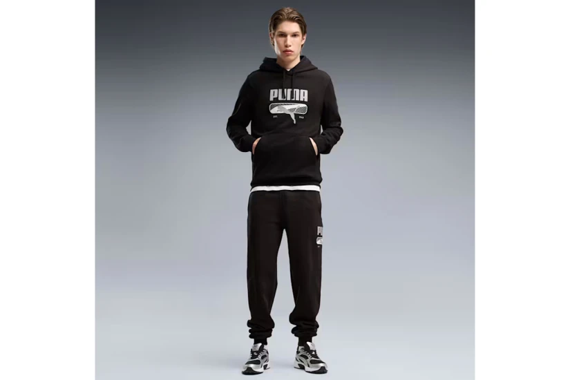 Puma Sport Logo Play Fleece Ανδρικό Φούτερ με Κουκούλα Μαύρο, Γκρι