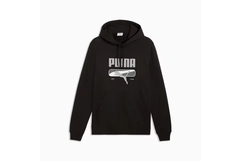 Puma Sport Logo Play Fleece Ανδρικό Φούτερ με Κουκούλα Μαύρο, Γκρι