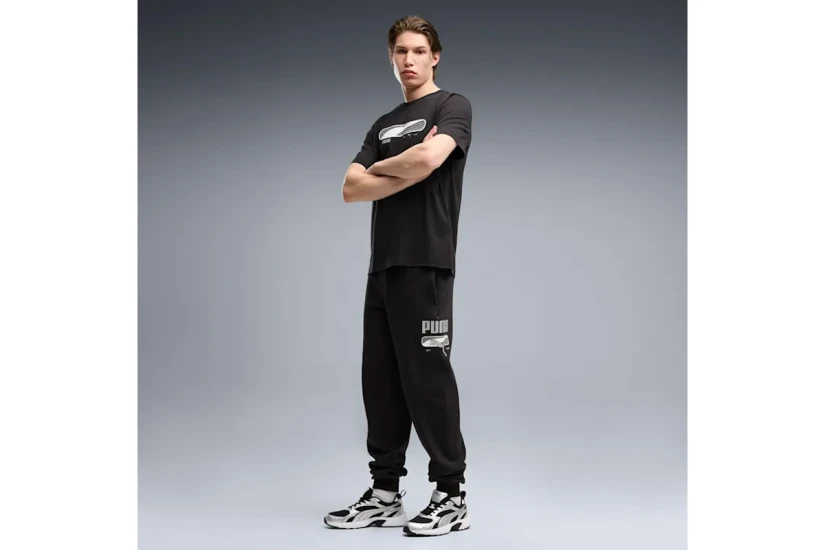 Puma Sport Logo Play Fleece Ανδρικό Παντελόνι Φόρμας Μαύρο, Γκρι