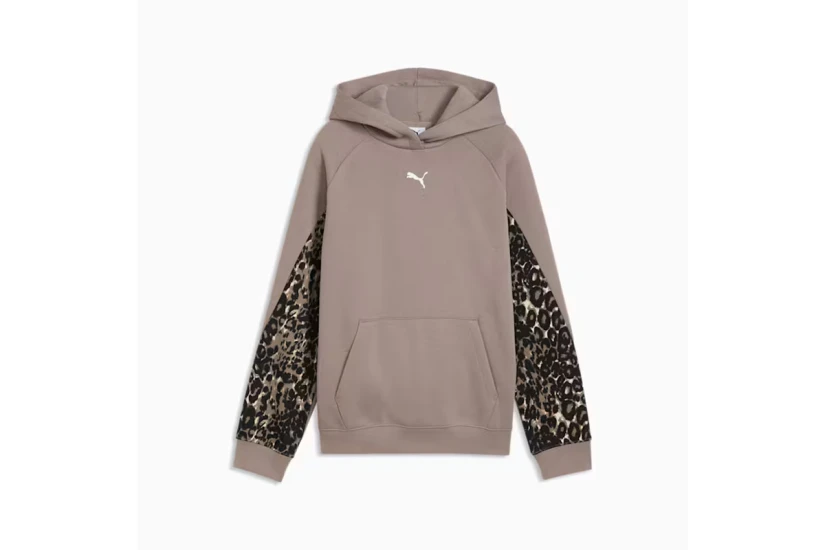 Puma Sport Animal Fleece Παιδικό Φούτερ με Κουκούλα Καφέ, Μαύρο, Εκρού