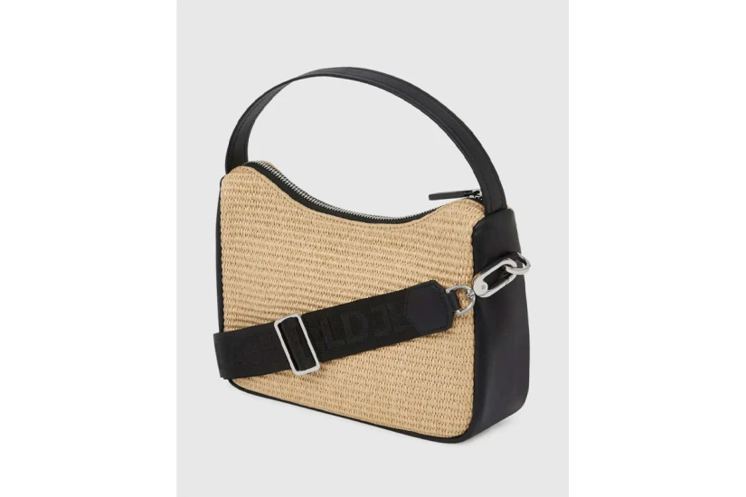 Karl Lagerfeld Logo Woven Raffia Mini Hobo Γυναικεία Τσάντα Ώμου-Χειρός Μπεζ, Μαύρη