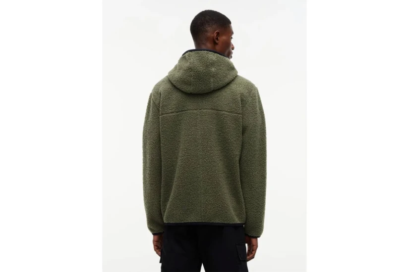 Tommy Jeans Badge Teddy Ανδρική Ζακέτα Sherpa με Κουκούλα Χακί, Μαύρη
