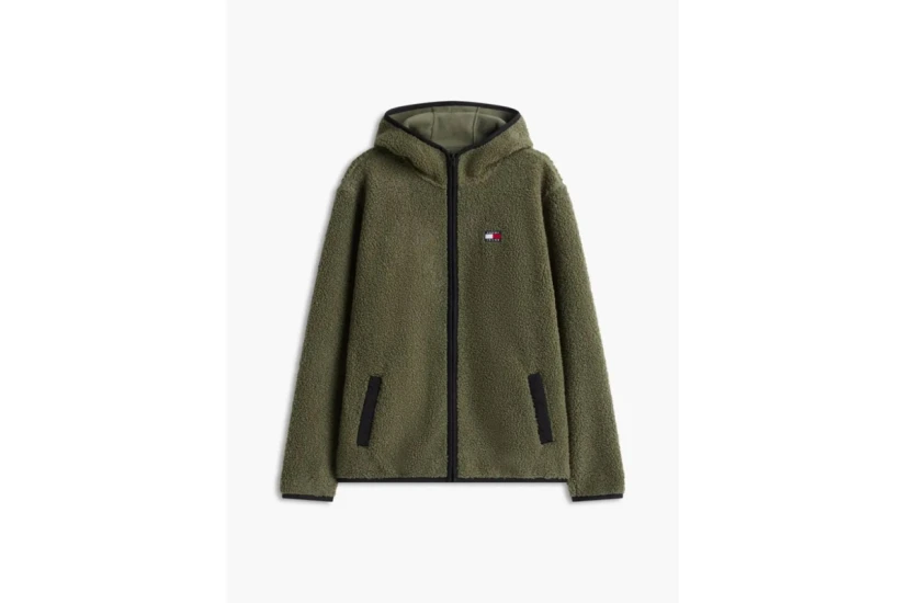 Tommy Jeans Badge Teddy Ανδρική Ζακέτα Sherpa με Κουκούλα Χακί, Μαύρη
