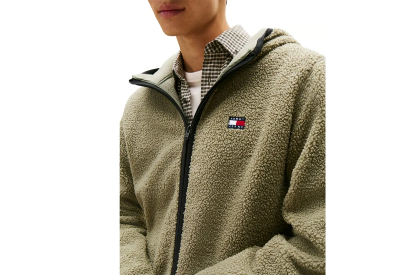 Tommy Jeans Teddy Zip-Thru Ανδρική Ζακέτα Sherpa με Κουκούλα Πράσινη