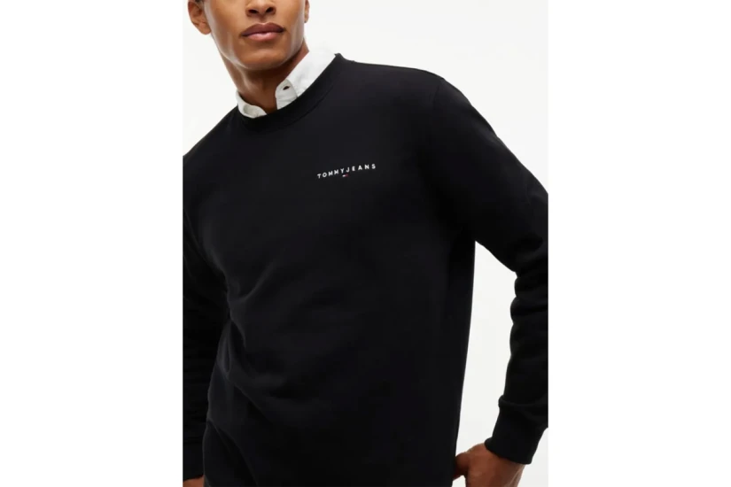 Tommy Jeans Linear Logo Embroidery Fleece Ανδρική Μακρυμάνικη Μπλούζα με Λαιμόκοψη Μαύρη
