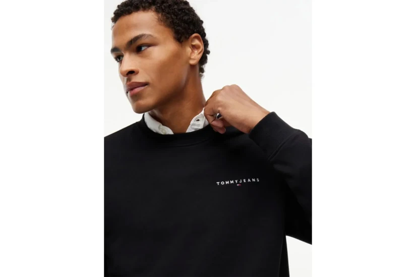 Tommy Jeans Linear Logo Embroidery Fleece Ανδρική Μακρυμάνικη Μπλούζα με Λαιμόκοψη Μαύρη