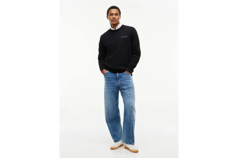 Tommy Jeans Linear Logo Embroidery Fleece Ανδρική Μακρυμάνικη Μπλούζα με Λαιμόκοψη Μαύρη