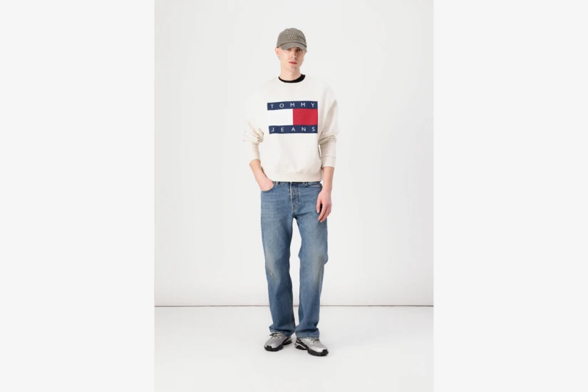Tommy Jeans Melange Flag Crew Ανδρική Μακρυμάνικη Μπλούζα Εκρού