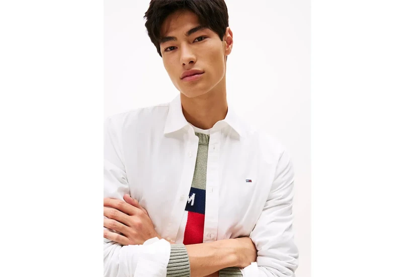 Tommy Jeans Flag Embroidery Poplin Ανδρικό Μακρυμάνικο Πουκάμισο Εκρού