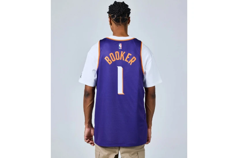 Nike Dri-FIT NBA Devin Booker Phoenix Suns Icon Edition Ανδρική Μπασκετική Φανέλα Μωβ, Πορτοκαλί, Λευκή