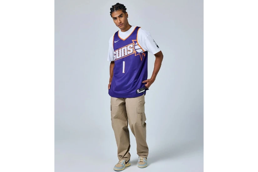 Nike Dri-FIT NBA Devin Booker Phoenix Suns Icon Edition Ανδρική Μπασκετική Φανέλα Μωβ, Πορτοκαλί, Λευκή